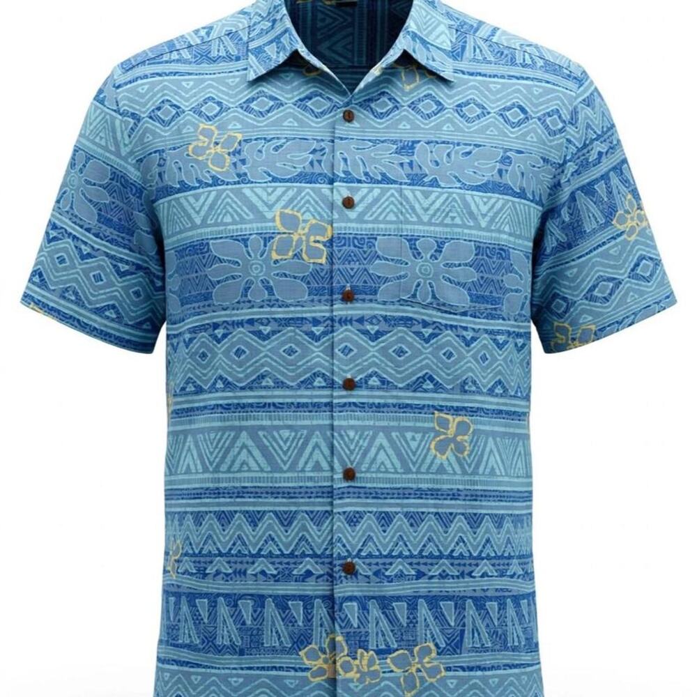 Quiksilver blue and gold Hawaiian shirt with geometric floral patterns, size S